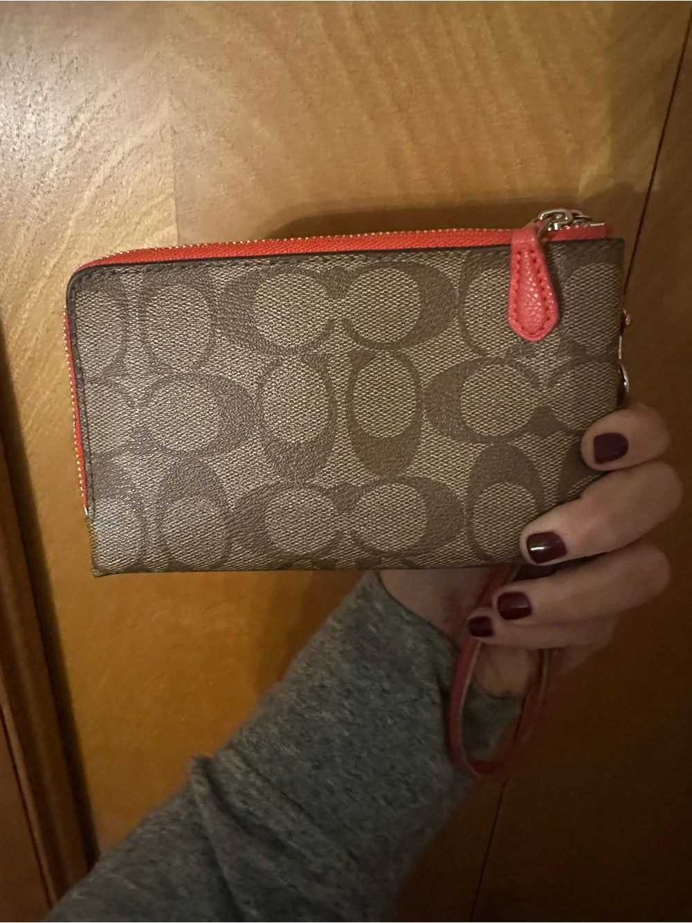 Coach Brown Signature Zip Wristlet with Coral Trim